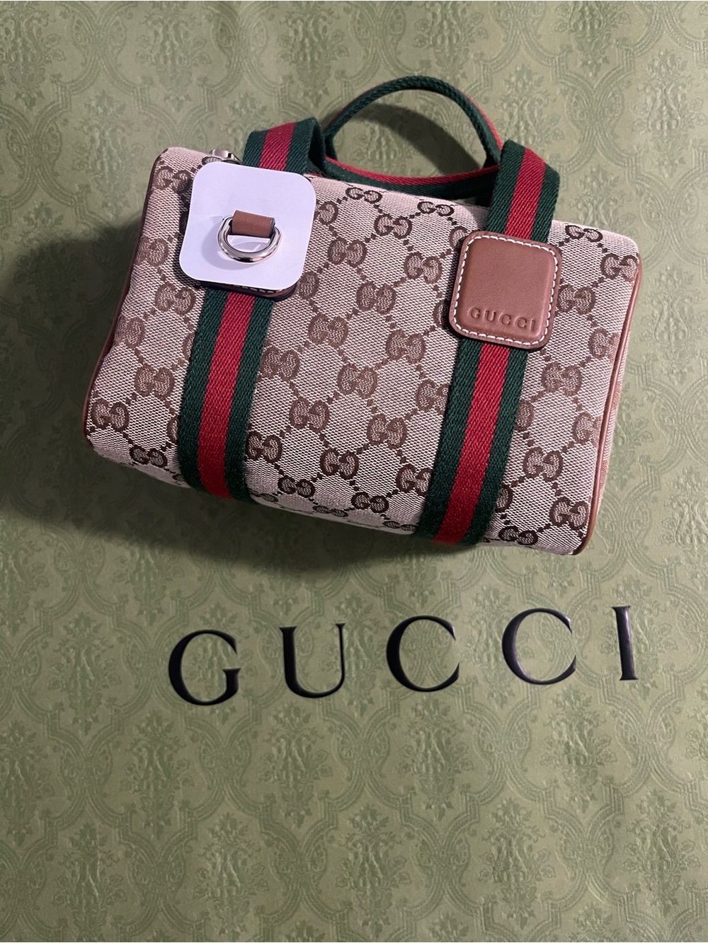NWOT Gucci Beige GG Canvas Mini Bag with Green-Red Web and Tan Leather - Picture 7 of 8